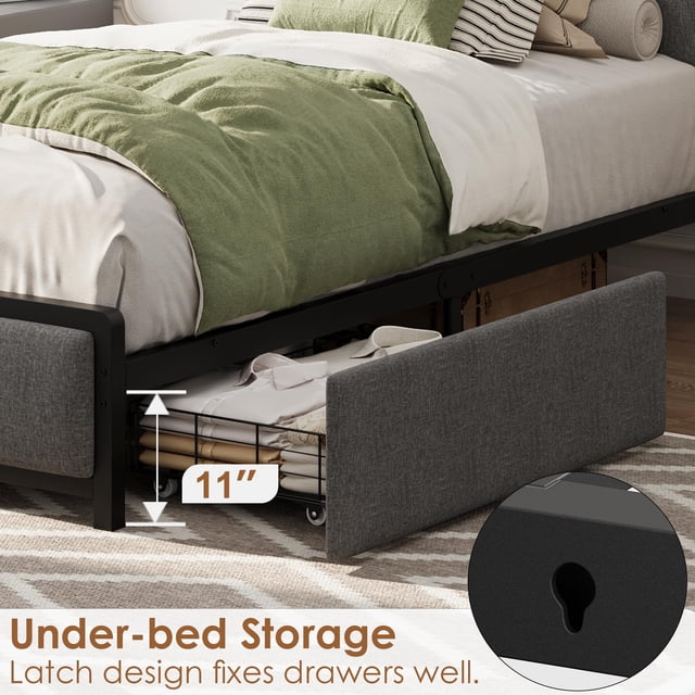 Cama Twin-XL tapizada con cabecero de almacenamiento y 2 cajones – Estación de carga, estructura resistente y montaje sencillo – Silenciosa – Marled Gray – TWIN-XL