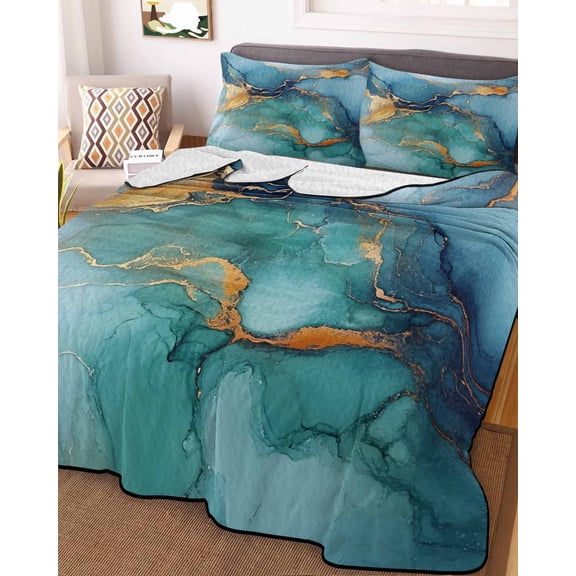 Turquoise Blue King Size Down Alternative Comforter, Lightweight Comforter Quilt Bedding Set with Pillow Shams Modern Teal Gold Marble Textured All Seasons Bed Comforter Duvet Insert 96"x106"