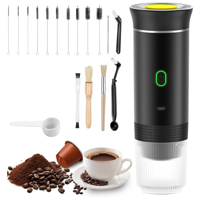 Cafetera Portatil con Kit de Limpieza y Taza, autocalentable, Espresso 3 en 1, Ideal para Coche, Hogar y Camping