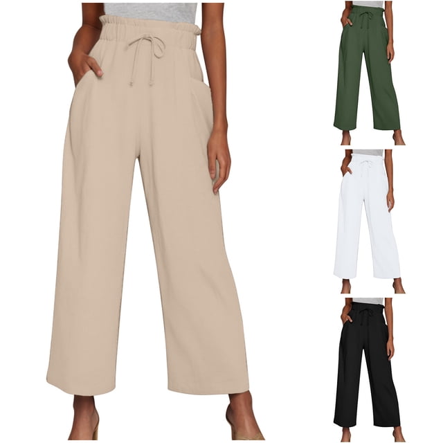 Pantalon Large en Coton et Lin pour Femmes, Mode Décontractée, Couleur Unie, Poches, Blanc