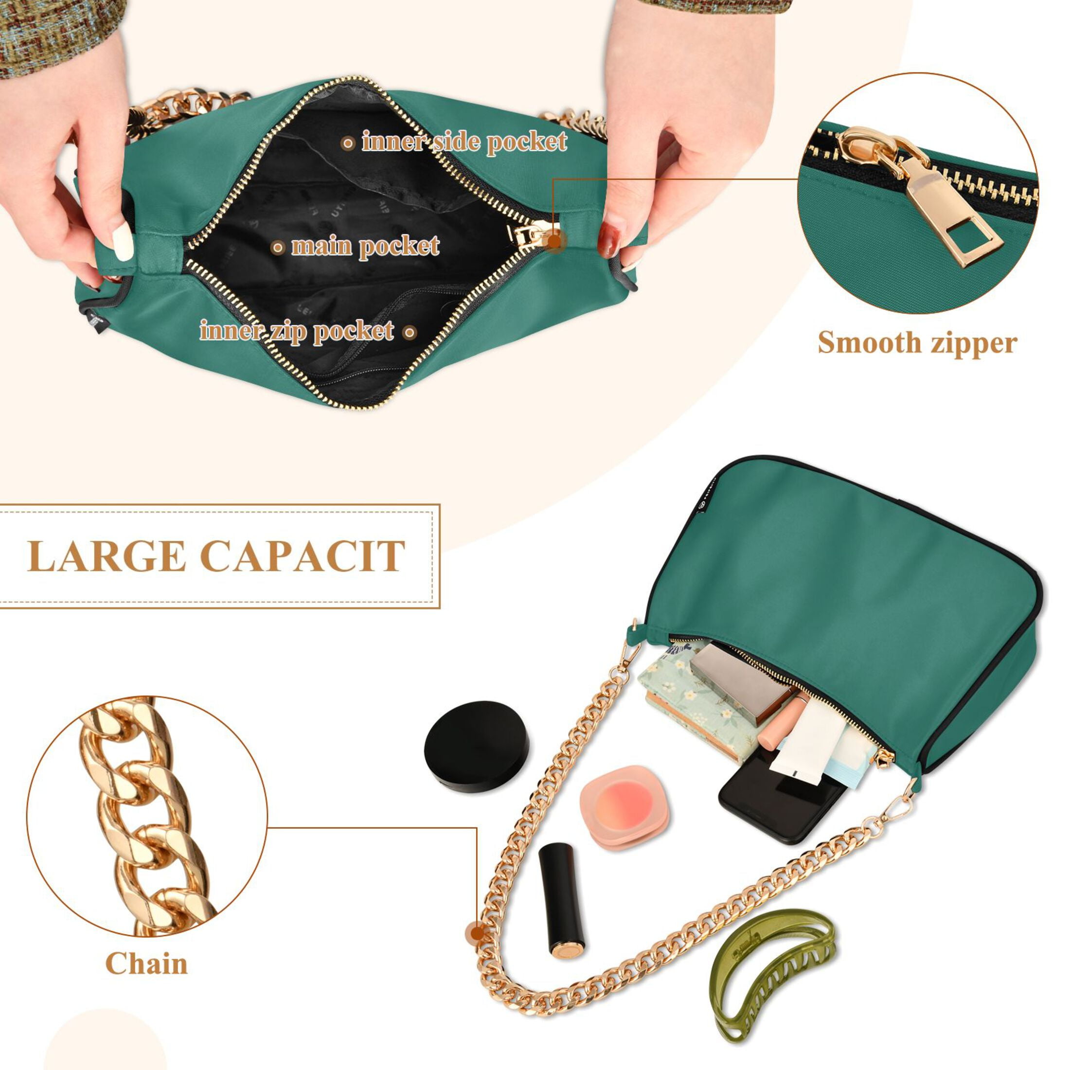 Ryvnso Dark Green Womens Chain Shoulder Bag Tote Handbags Clutch Hobo Purse with Zipper for Travel