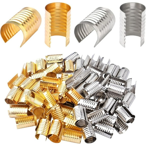 100pcs Light Golden and Silver, Leather Rope Clips Foldable Metal Round Fastener Crimping Cord Clamp for DIY Handmade Necklace Crafts Jewelry Making Findings, 14.1 mm x 9 mm
