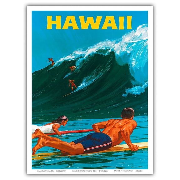 Hawaii - Big Wave Surfing - Vintage Travel Poster by Chas Allen c.1950s - Master Art Print (Unframed) 9in x 12in