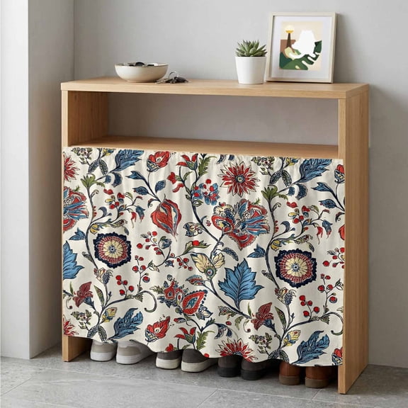 Boho Floral Cabinet Curtain 35"Wx35"L,Dustproof Under Sink Skirt with Self Adhesive Tape,Blue Red Flower Vintage Petals Branch Leaf Cabinet Curtain Cover for Kitchen Sink,Bathroom Vanity,Laundry Room