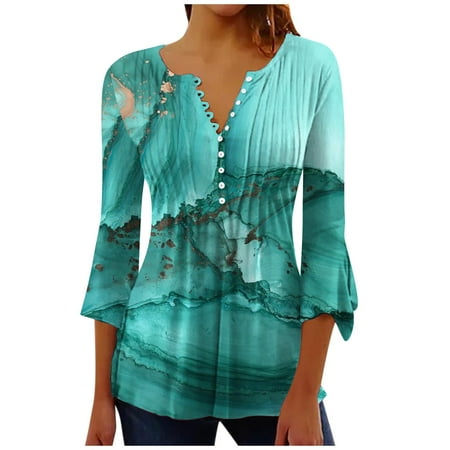 

Summer Clearance Tops ! Xihbxyly Tunic Tops for Women Casual 3/4 Sleeve Flower Printed Buttoned Shirt Basic Ruched Corset Comfy Pleated T-Shirts Blouses Mint Green XXL # 10 Dollar Items