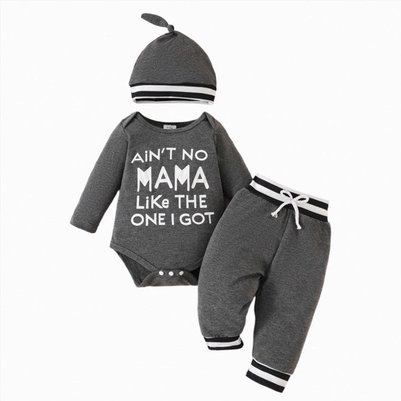 Splozh Baby Boy Outfits 3 6 12 18 Months Baby Boy Clothes Infant Newborn Outfits Long Sleeve Letter Print Romper Hat Pants Set,Grey,9-12 Months