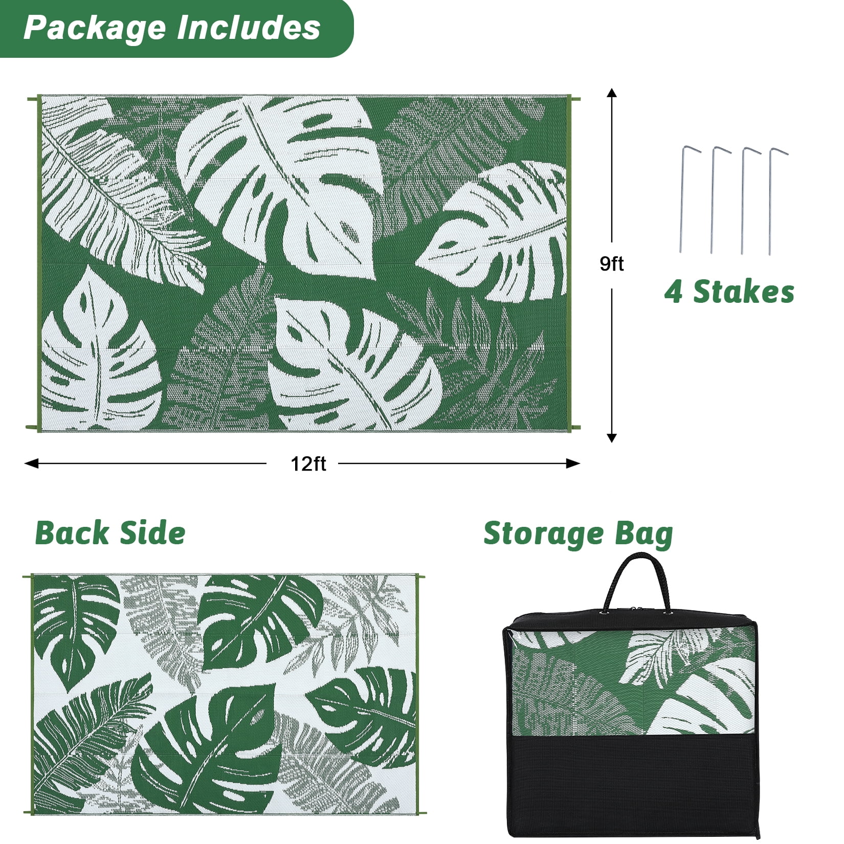 COZONY 9x12 Outdoor Rug, Reversible Waterproof Plastic Straw Patio Rug with Palm Leaf Pattern, Indoor Outdoor RV Mat for Patio Deck Balcony Camping