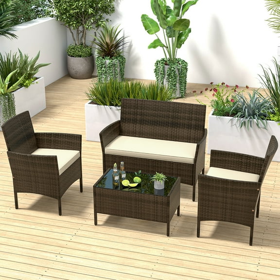 Costway 4 Metal Breathable Outdoor Conversation Sets with Loveseat and Table, Brown/Beige