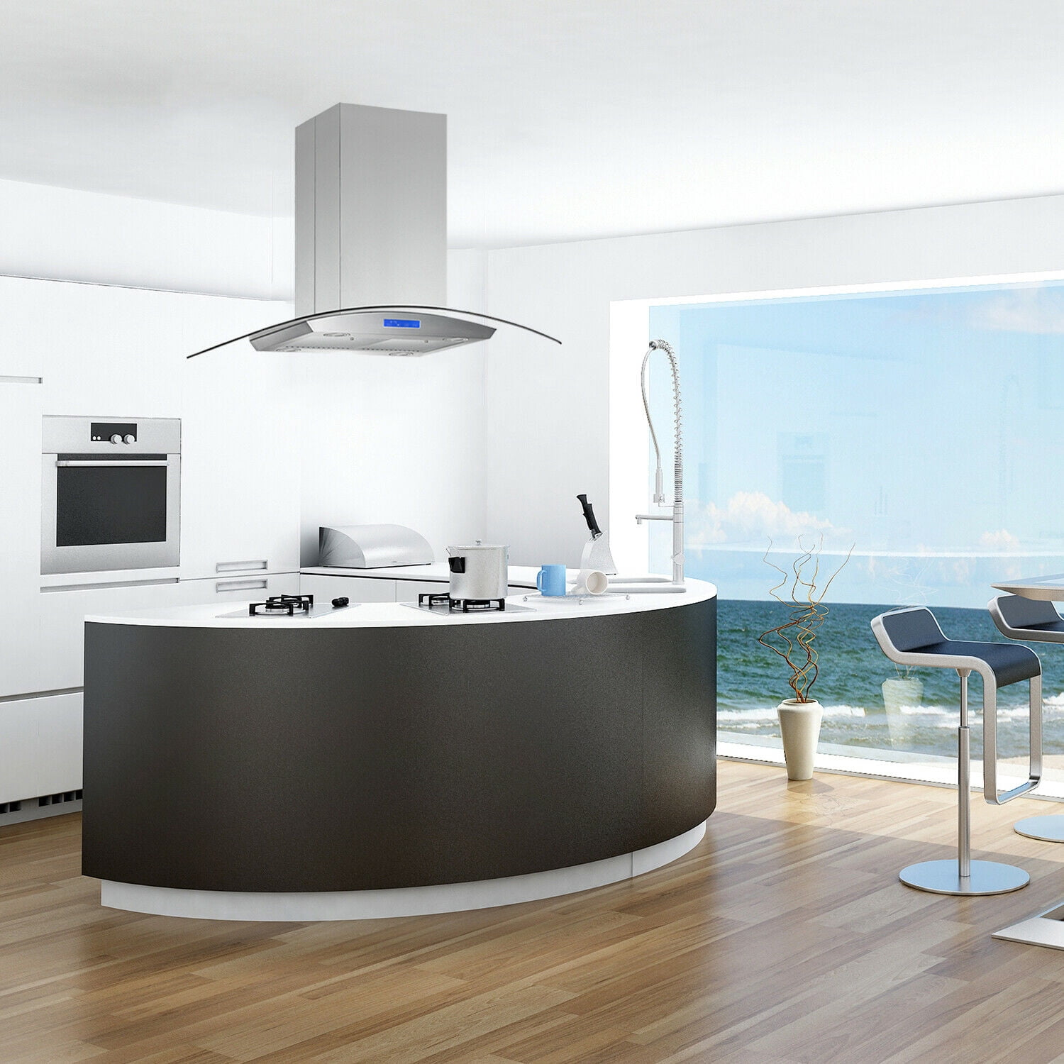 Tieasy 36 inch Island Mount Range Hood 900 CFM with Glass LCD Touch Control 4 LED Lamps