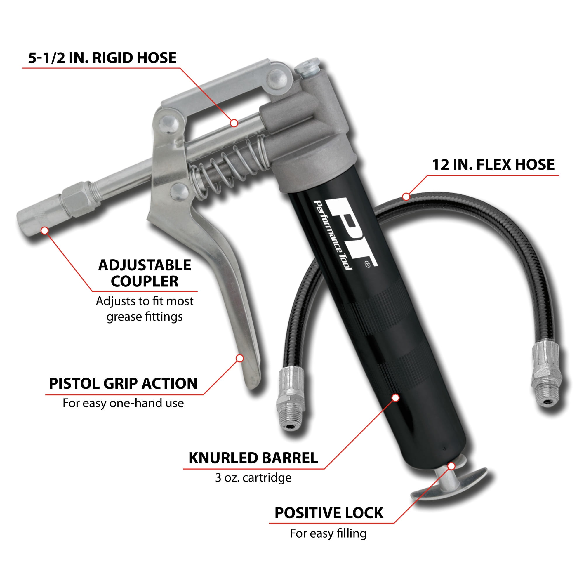 Performance Tool W54198 Mini Grease Gun (3 oz) With 12 inch Flexible Hose and 5.5 inch Rigid Extension Pipe
