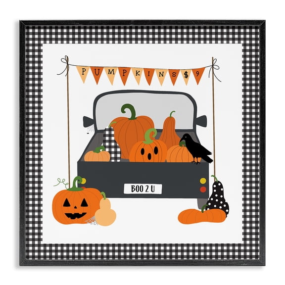 Stupell Industries Pumpkin Truck with Gingham Border Holiday Painting Black Framed Art Print Wall Art, 12 x 12