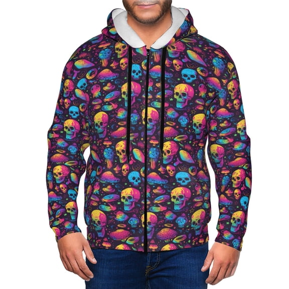 Vsdgher colorful Skull Retro Mens Hoodies Zip Hoodie, Hoodies for Men, Zip-up Hooded Sweatshirt-Small