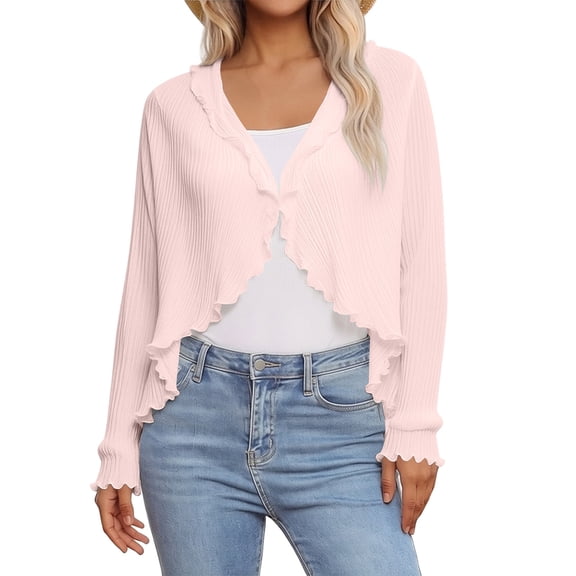 PBFRDSJ Women's Y2K Open Front Cardigan Textured Lettuce Trim Long Sleeve Loose Streetwear Chiffon Cover Up