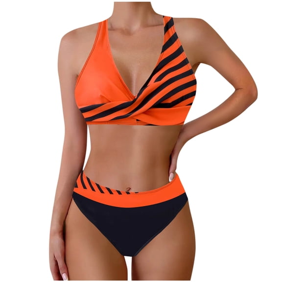 CLOISE Swimsuit Bikini Women Two Piece Plus Size Swimwear with Shorts High Waisted Full Coverage Halter Neck Striped Bathing Suit Vacation Beachwear