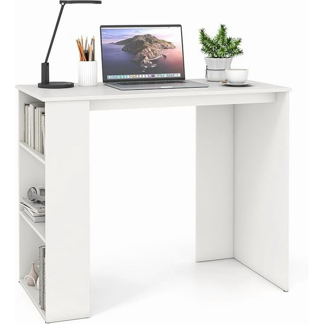 Petit Bureau d'Ordinateur, Bureau Compact de 35,5 Pouces pour la Maison avec Étagère de Rangement, Coiffeuse, Poste de Travail Moderne pour Ordinateur Portable, Bureau d'Étude pour Étudiants et Adolescents pour Petits Espaces, Blanc