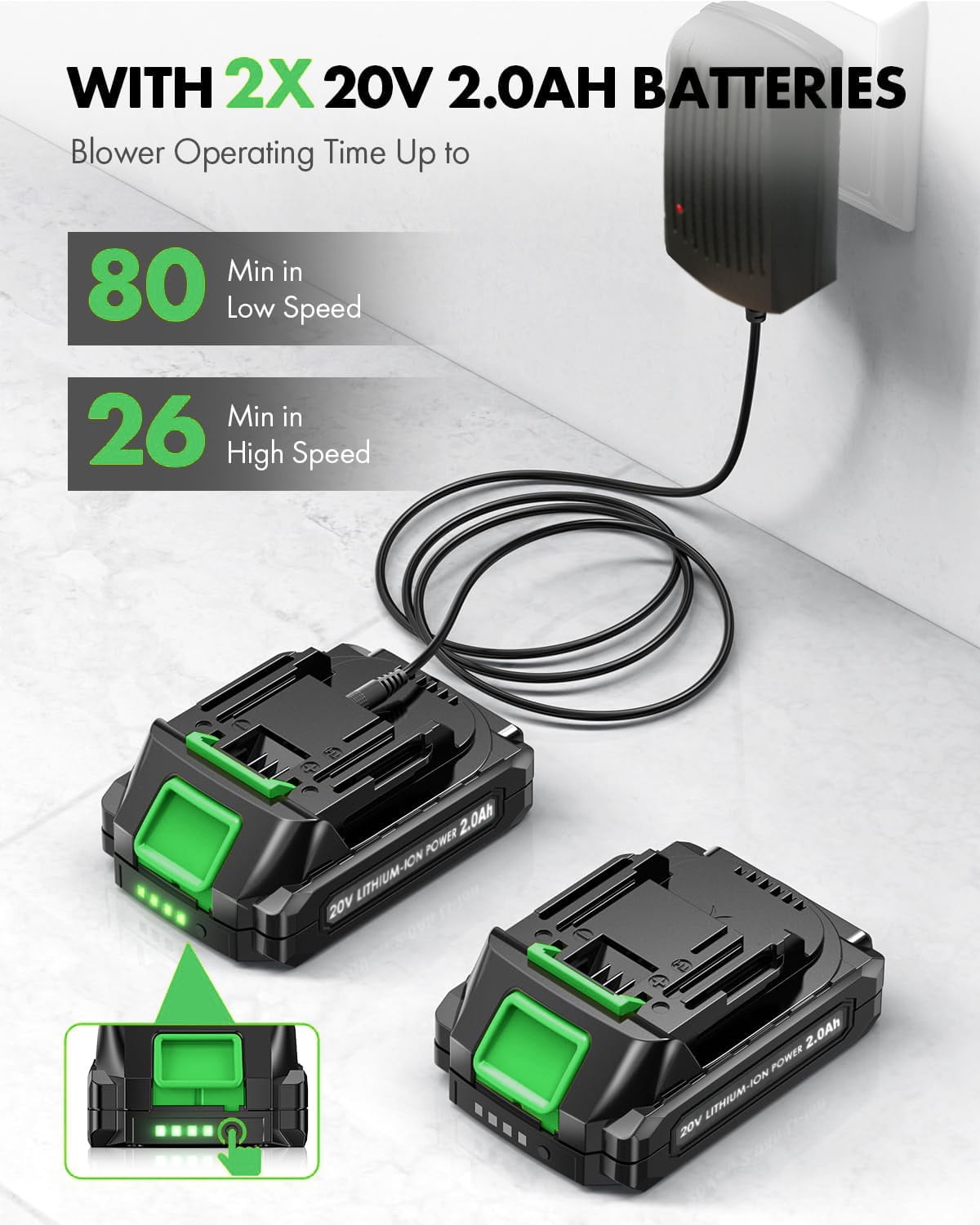 Firstness Cordless Leaf Blower, 20V Electric Leaf Blower with 2 Batteries and Charger, 135MPH 2 Speed Modes, 18000RPM, Lightweight Cordless Blower for Lawn Care, Patio, Dust, Blowing Leaves, Green