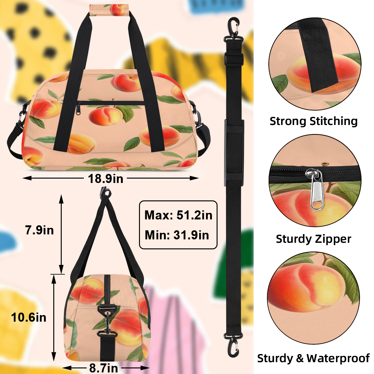Herdesigns Peach Sports Duffle Bag for Women & Men, Peach Gym Bag Dance Bag Overnight Bag Carry On Weekender Travel Bag