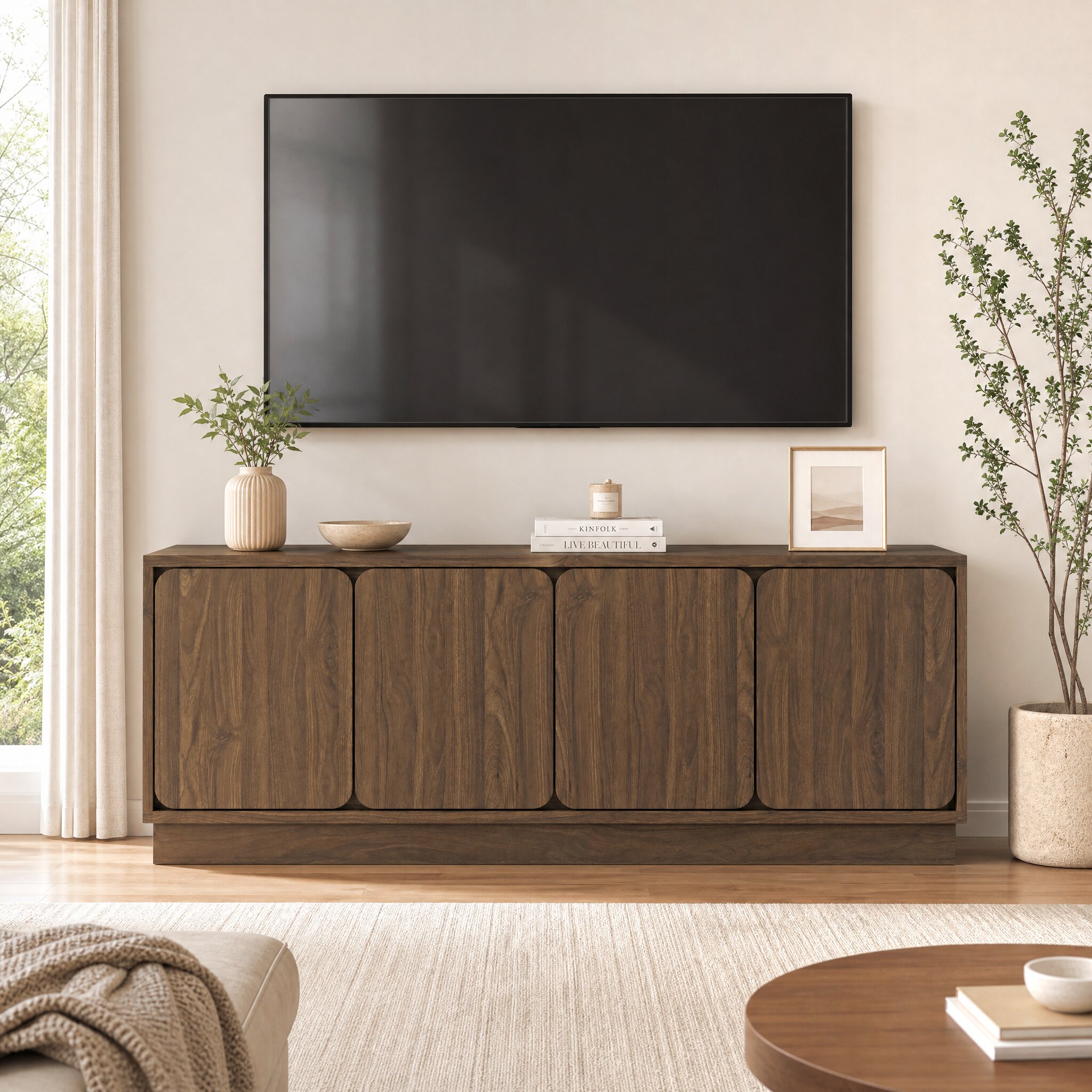 Mintazer 63'' TV Stand with 4 Storage Doors, Low Profile Storage Media Console Table with Cable Holes for Living Room, Kitchen, Bedroom & Entryway, Walnut