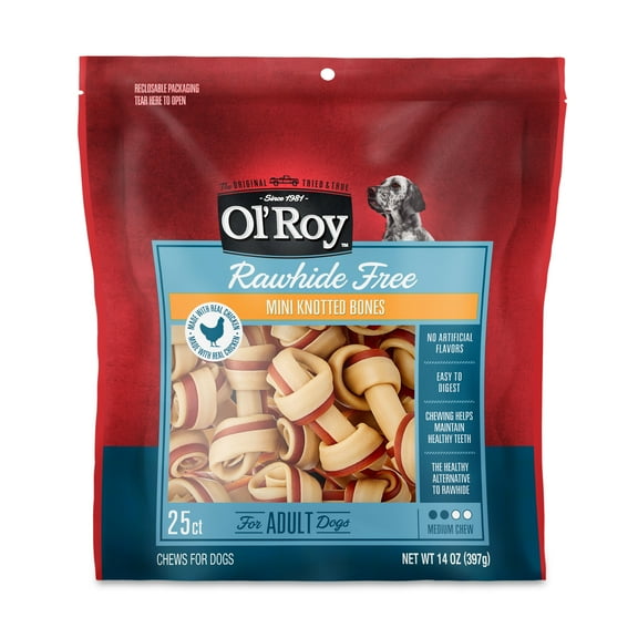 Ol' Roy 2.5" Rawhide Free Mini Knotted Chicken Flavored Bones, Chews for Dogs, 14 oz, 25 Count