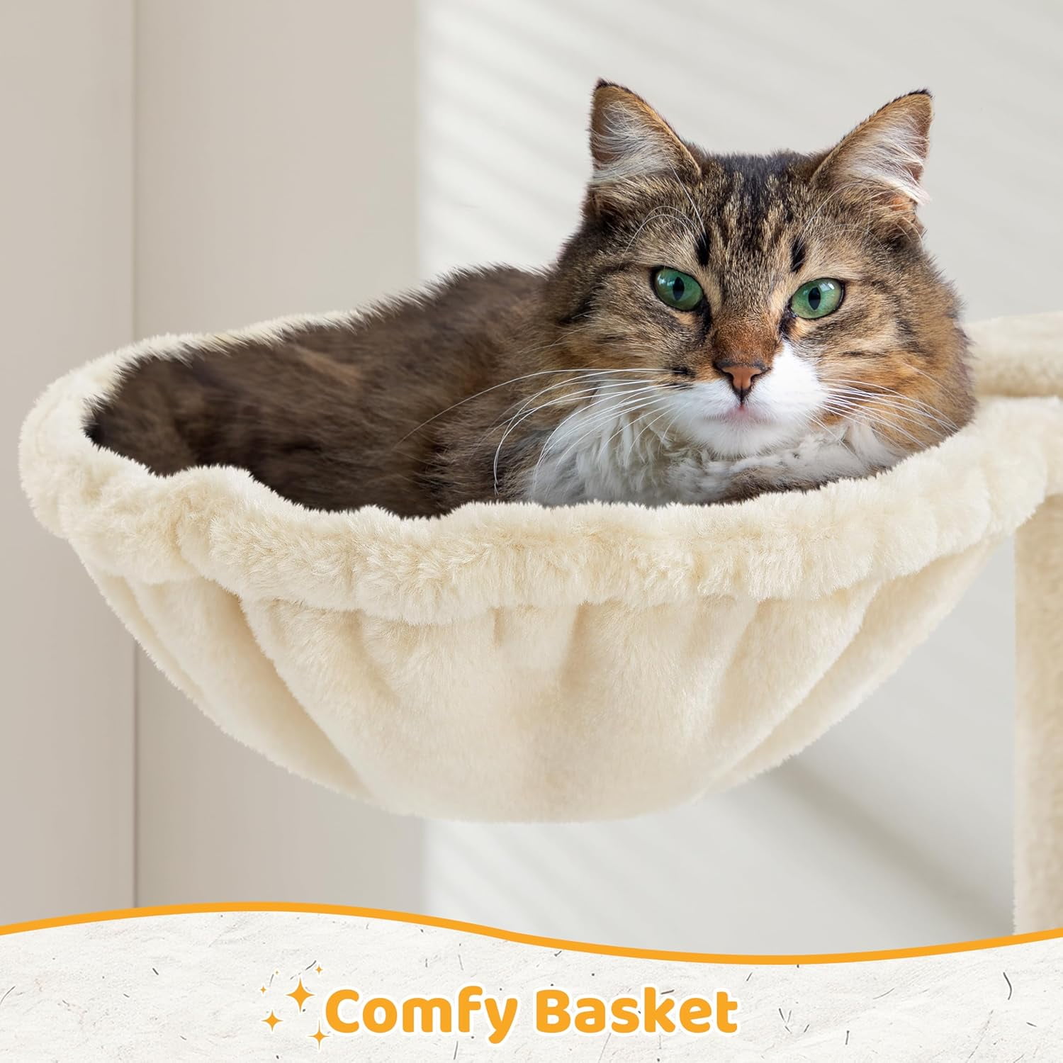 LibraMAl Cat Tree, 54in Tall Cat Tower for Indoor Cats with Extended Platform & Basket, Spacious Cat Condo, Funny Hammock, Scratching Posts and Ladder, Beige