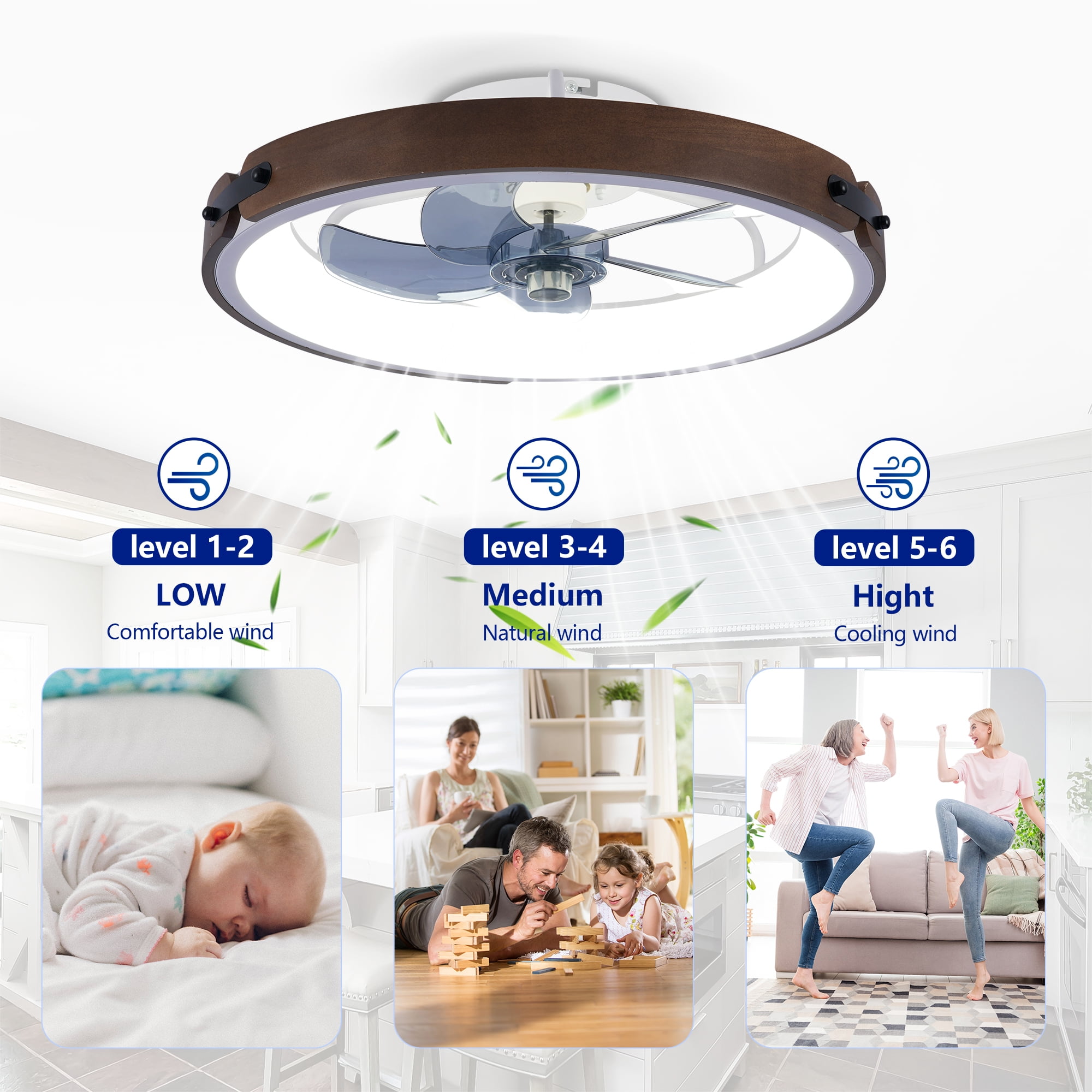 Leumius 20" Ceiling Fans with Light and Remote, 3000-6500K Dimmable Modern Flush Mount LED Fan Light, 6 Speeds, Quiet DC Motor for Living Room Bedroom Kitchen Brown