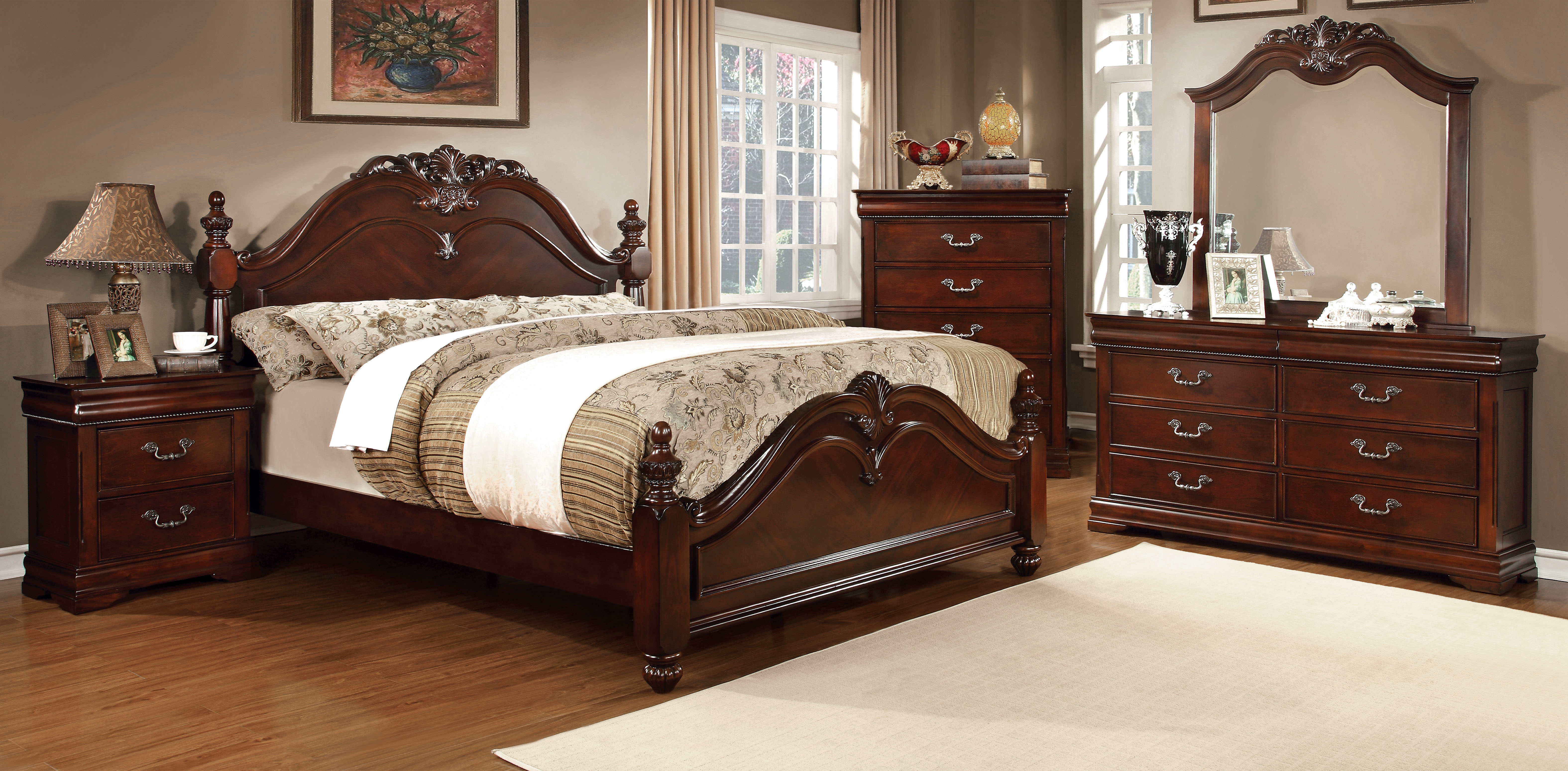 Furniture of America Leonora Traditional Dresser and Mirror Set, Cherry