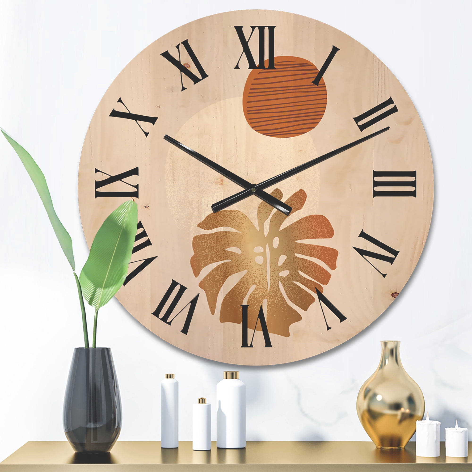Designart 'Abstract Geometry Shapes and Tropical Palm Leaf II' Modern Wood Wall Clock
