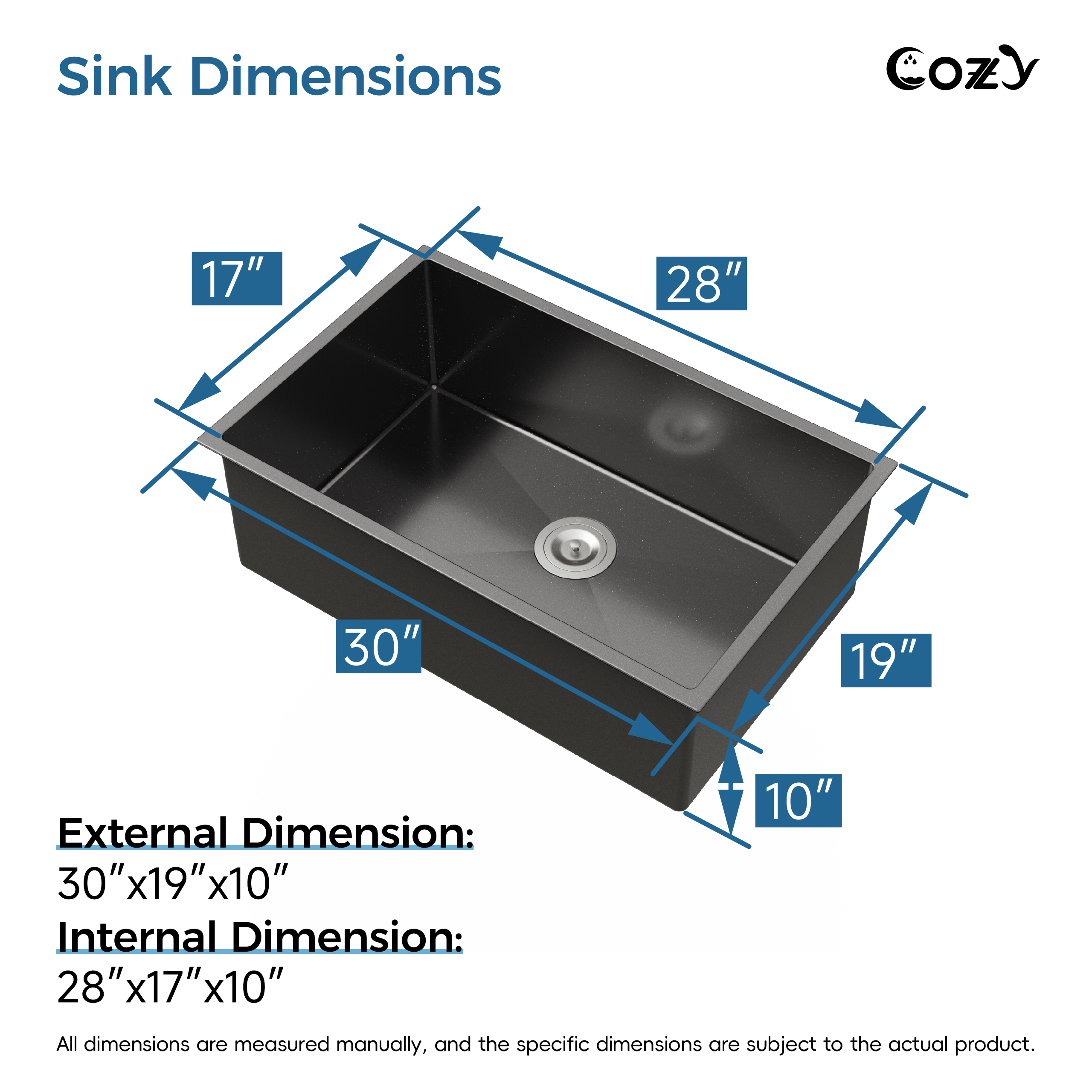 COZY 30″x19″ Stainless Steel Kitchen Sink, Single Bowl, Undermount Handmade Sink in Brushed Nickel, with US Standard Drain and Hook, SS-BL04D-301908