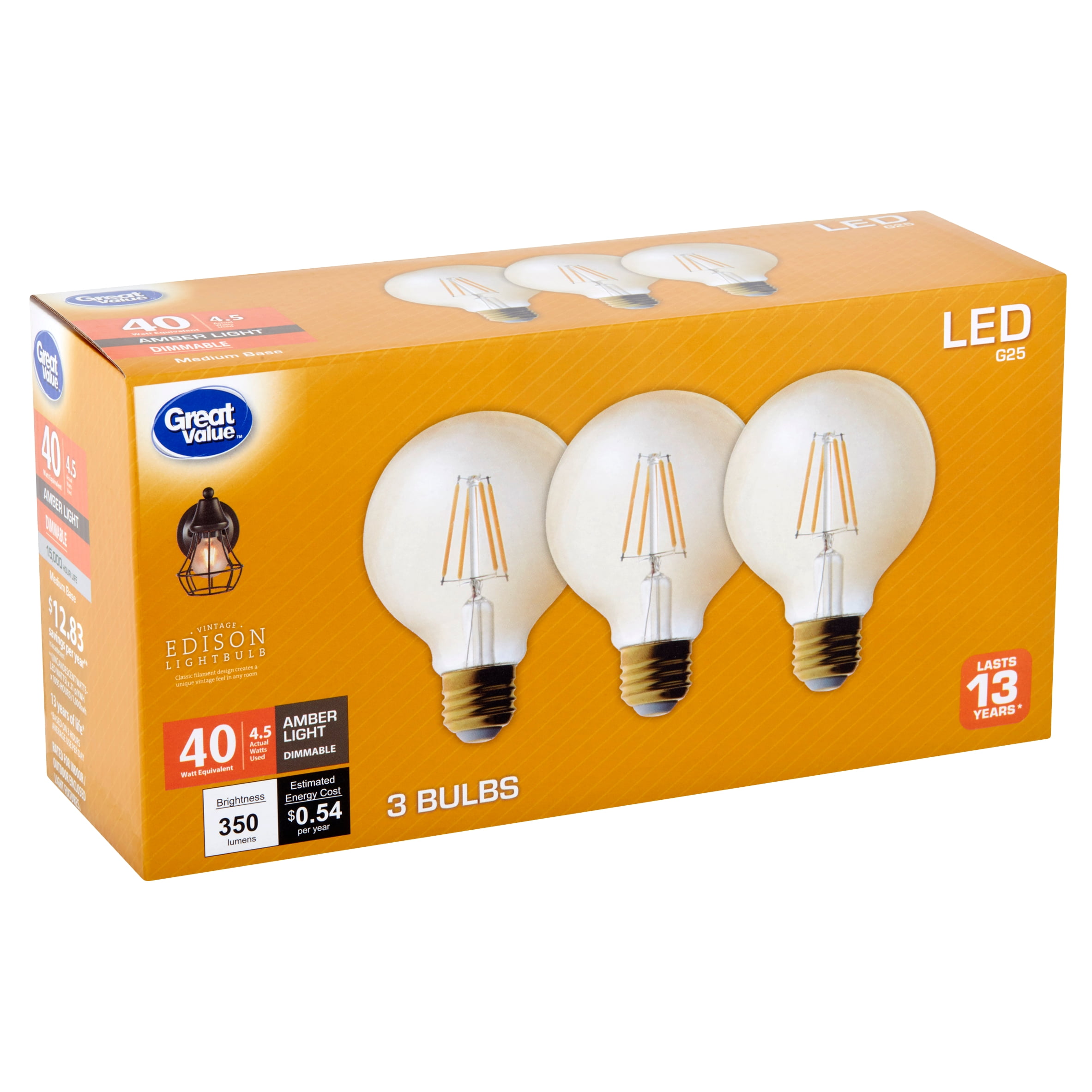 Great Value Led 4.5 Watts G25 Amber Light Medium Base Bulbs, 3 count