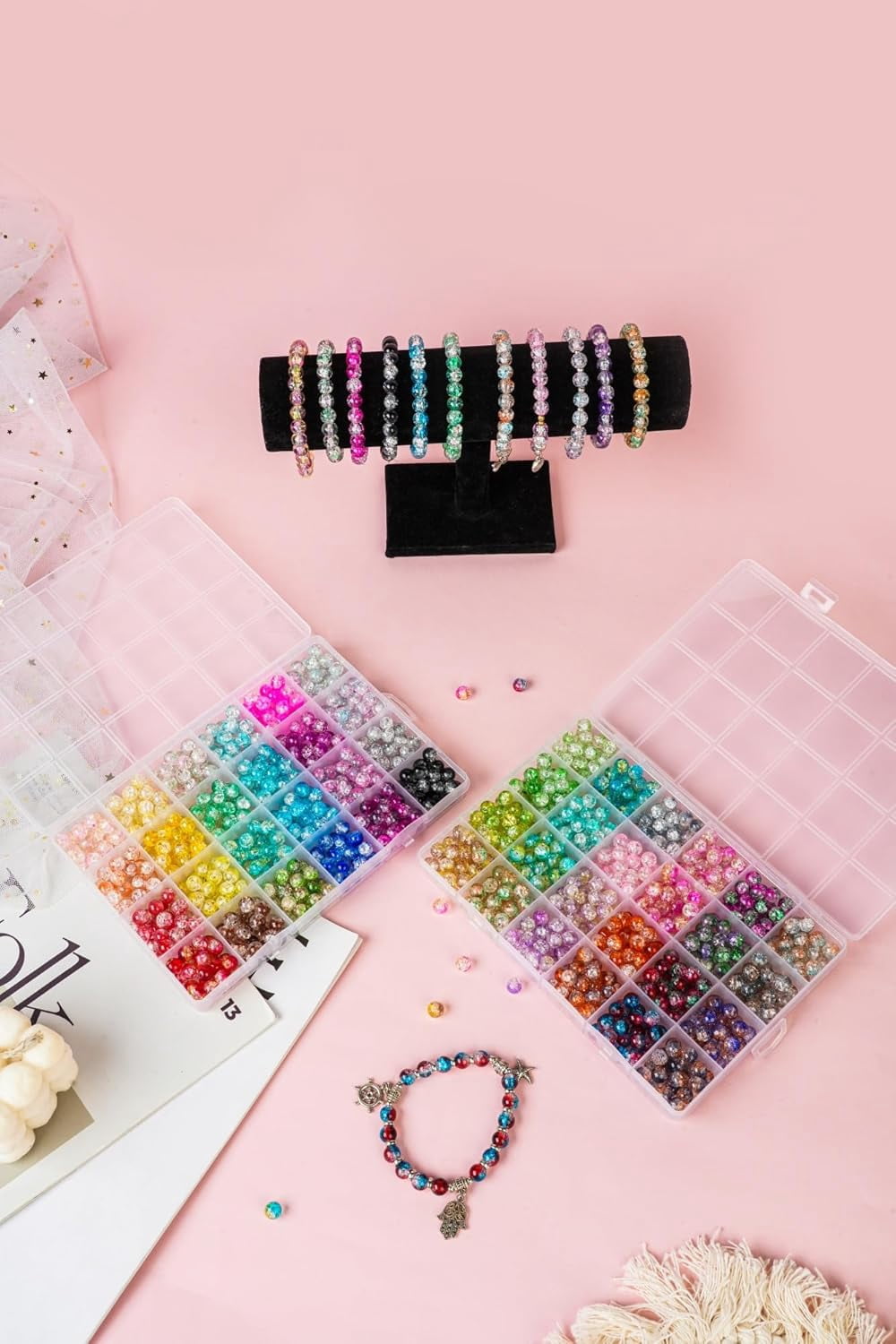 1300PCS 8mm Mixed Crackle Glass Beads for Bracelets Making with Accessories, 48 Colors Crystal Glass Beads Jewelry Making Kit, Round Beads for DIY Bracelet Crafts