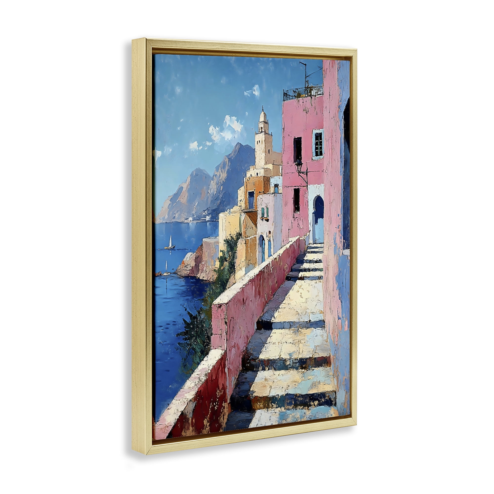Stupell Industries Coastal Village's Sunlit Pathway Gold Framed Floater Canvas Wall Art, design by Creative Studio