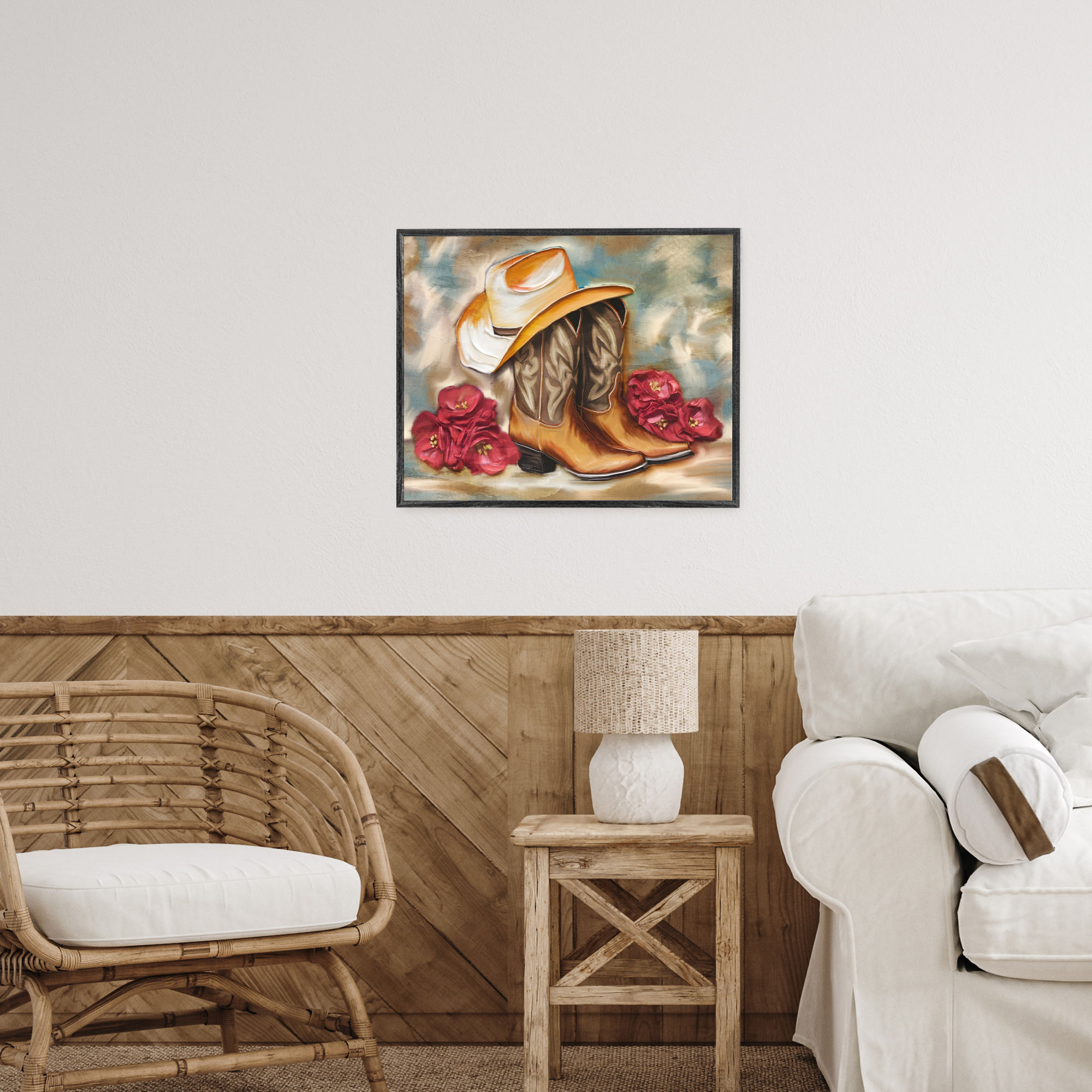 Boots & Floral Bunches White Framed Giclee Art, design by Kim Allen