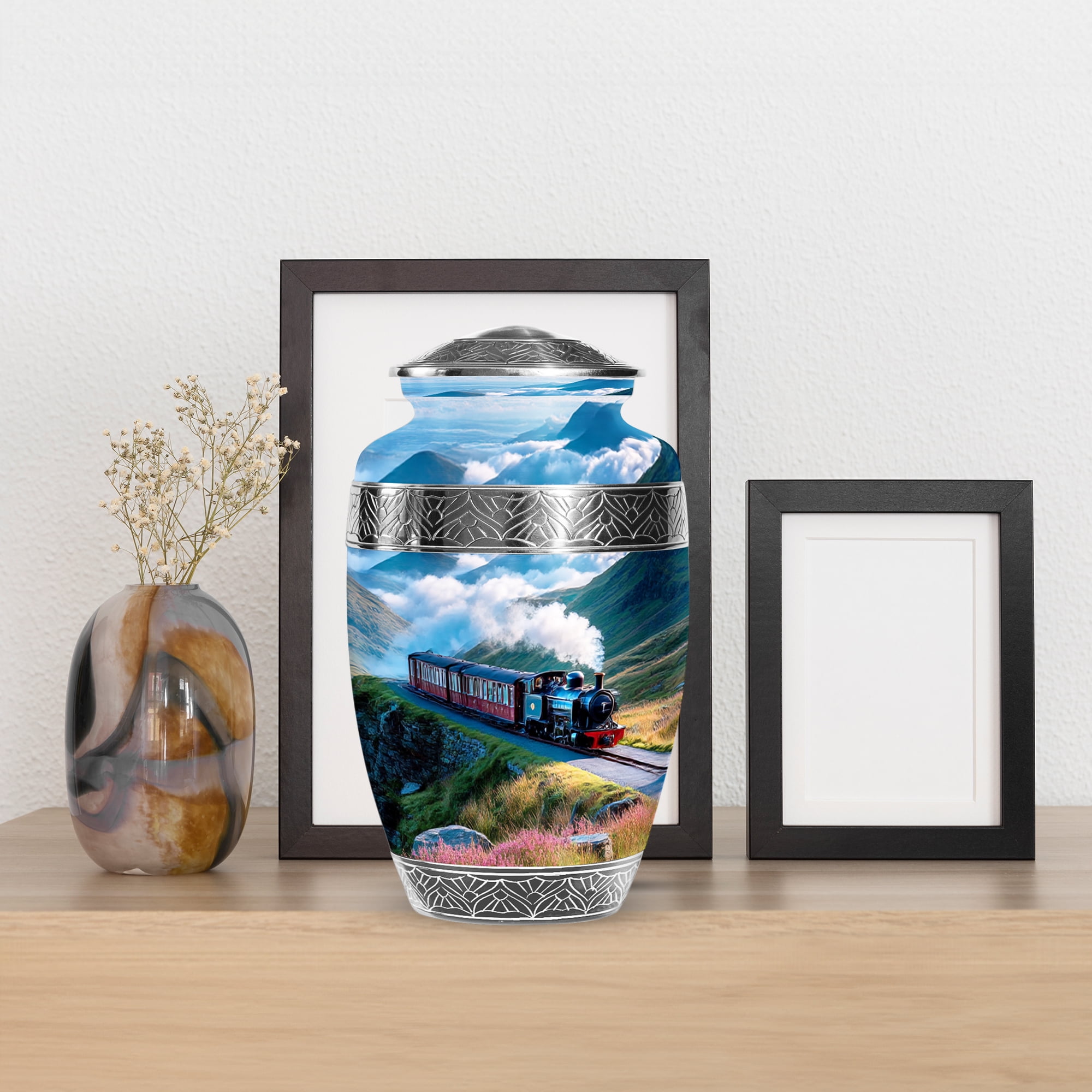 MUKTIVE Train Cremation Urns for Human Ashes Adult Female, Large Funeral Urns for Adult Male, Decorative Burial Urn for Father & Mother, Memorial Urn for Ashes for Men & Women, 10 Inch