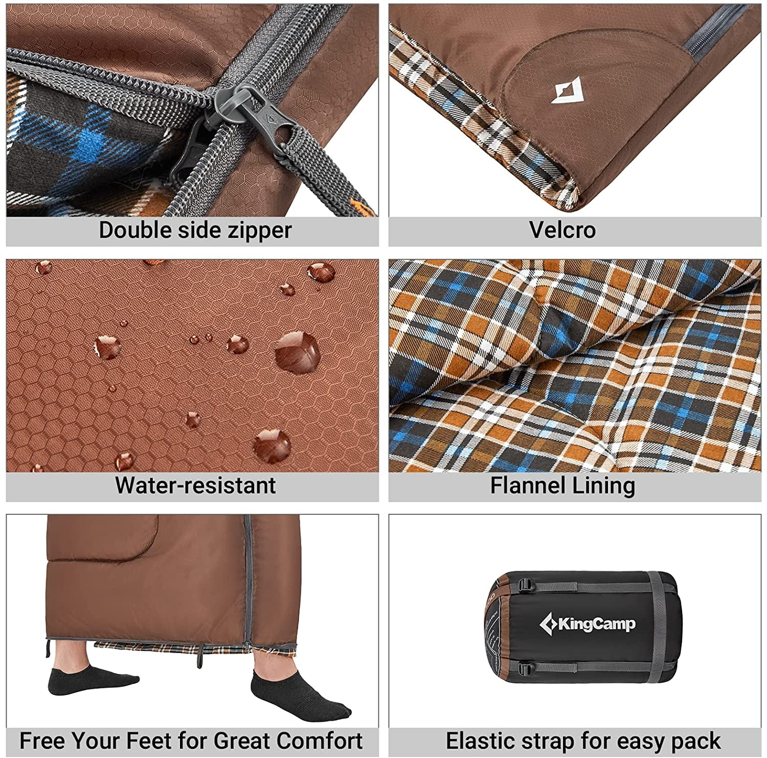 KingCamp XL Lightweight Cotton Flannel Sleeping Bags, Oversized  Envelope Sleeping Bag for Adults for Backpacking & Camping, 5.07LBS ,Left (Coffee)
