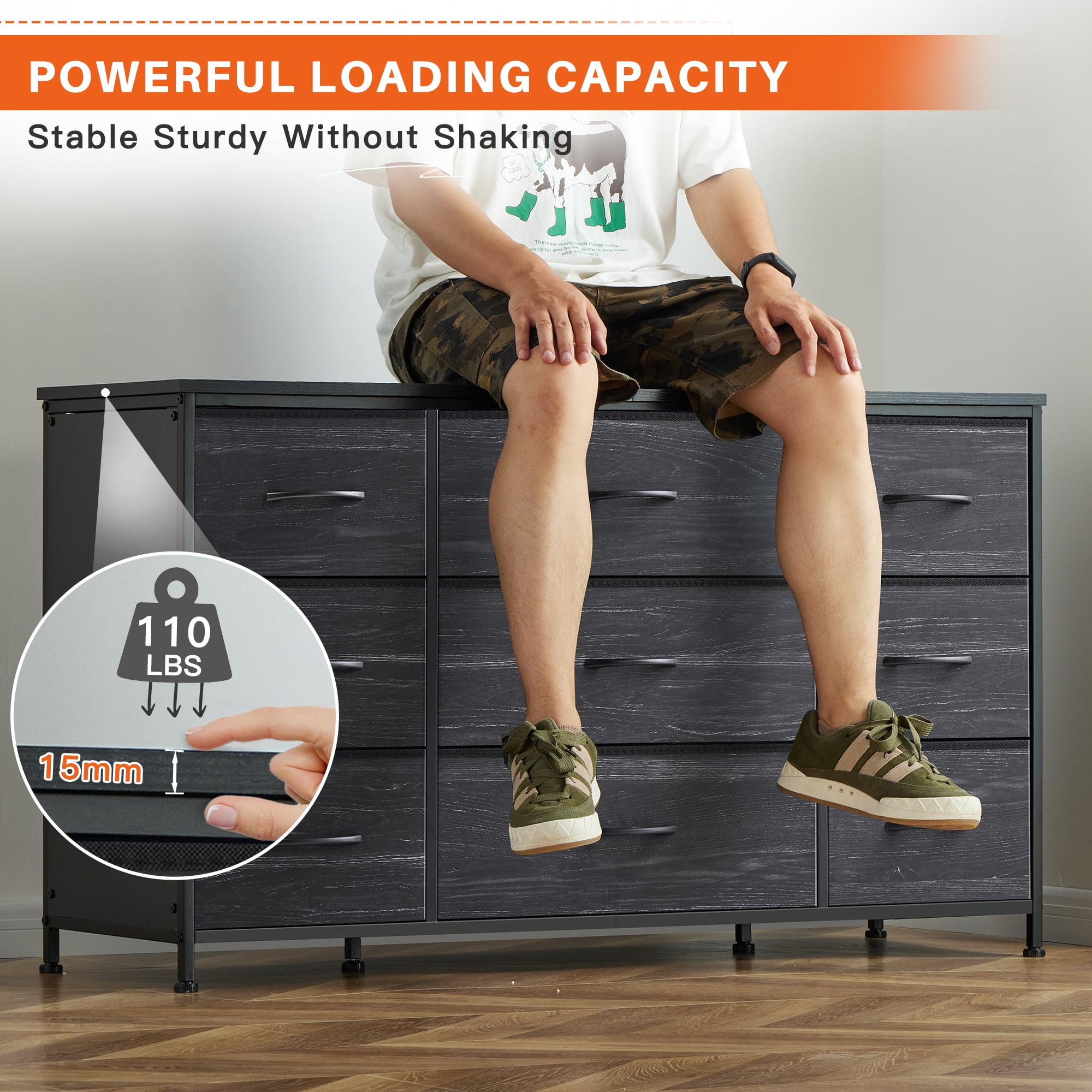 EnHomee Multifuncional Televisor Soporte con Almacenamiento de 9 Cajones para Dormitorio y Sala de Estar, Negro  (图5)