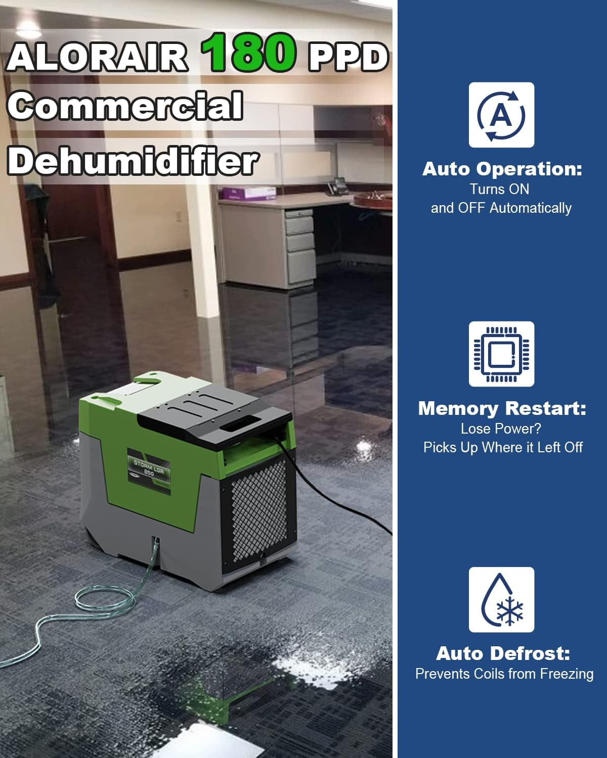 AlorAir 180 PPD LGR Commercial Dehumidifier with Pump, 28 Gallons Heavy Duty Industrial Water Damage Restoration Dehumidifier for Homes Basements, Garages, and Job Sites, Green