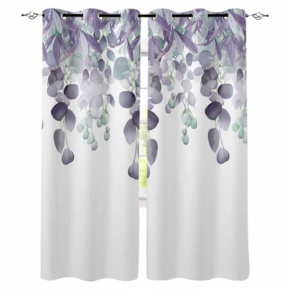 Purple Green Eucalyptus, Blackout Curtains 72 Inches Long for Bedroom, Watercolor White Botanical Thermal Insulated Room Darkening Black Out Window Curtain Panels Grommet Drapes for Living Room