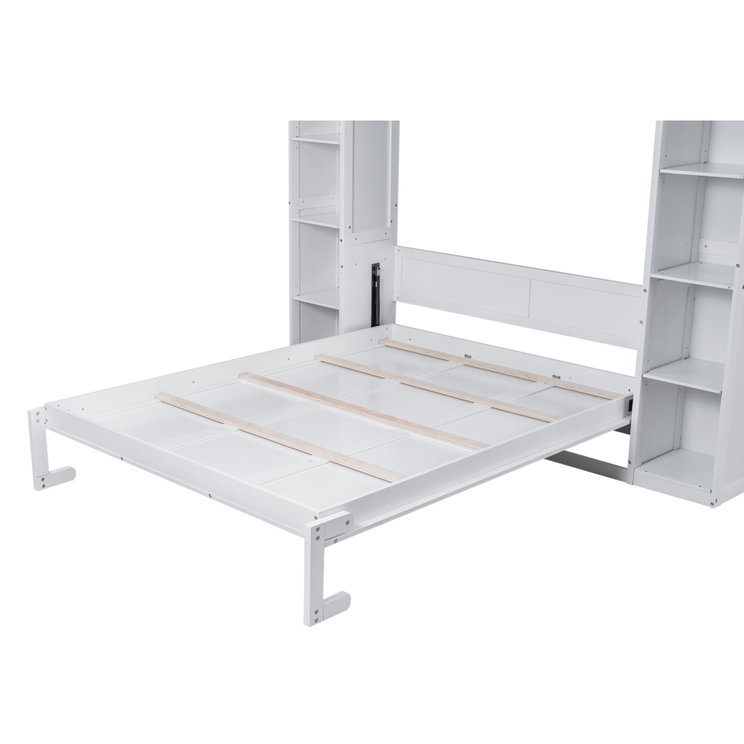 Churanty Wood Queen Size Murphy Bed with Storage Shelves and LED Lights, Foldable Wall Bed Murphy Bed Cabinet for Guest Room Home Office,White