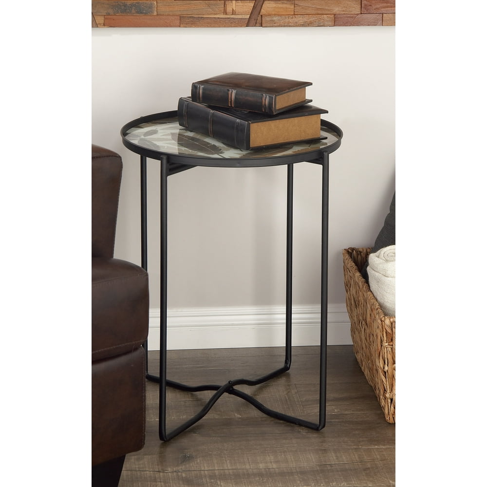 Decmode Contemporary 24 x 19 inch black iron and glass round accent
