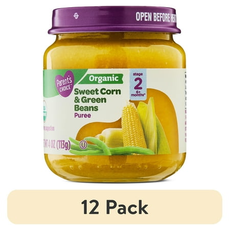 (12 pack) Parent's Choice Organic Stage 2 Baby Food Sweet Corn & Green Beans, 4 oz Jar