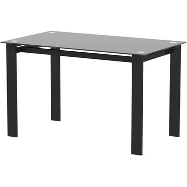 BISHE Black Dining Table with Tempered Glass, Modern Minimalist Rectangular Table with Metal Legs, Safe, Easy to Clean, Sturdy Multifunctional Dining Table for Living Room, Kitchen, Office