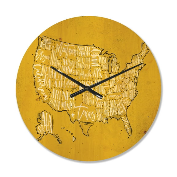 Designart 'Yellow Vintage Map Of United States IV' Modern Wood Wall Clock