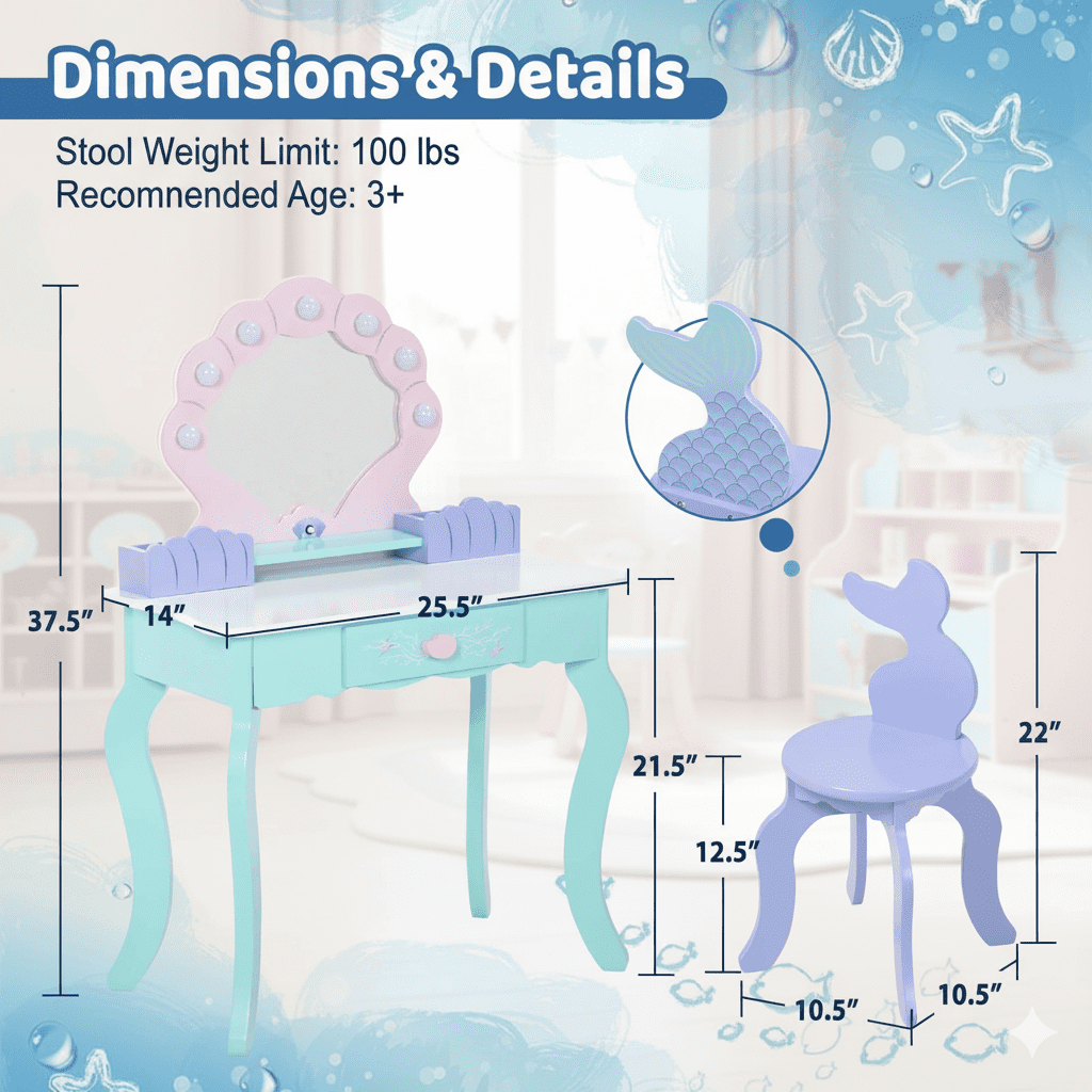 BRINJOY Kids Vanity with Lights, Wooden Princess Vanity for Girls, 2 in 1 Ocean Theme Toddler Dressing Table and Chair Set, Little Girl Makeup Vanity with Mirror for Children Birthday Christmas Gift