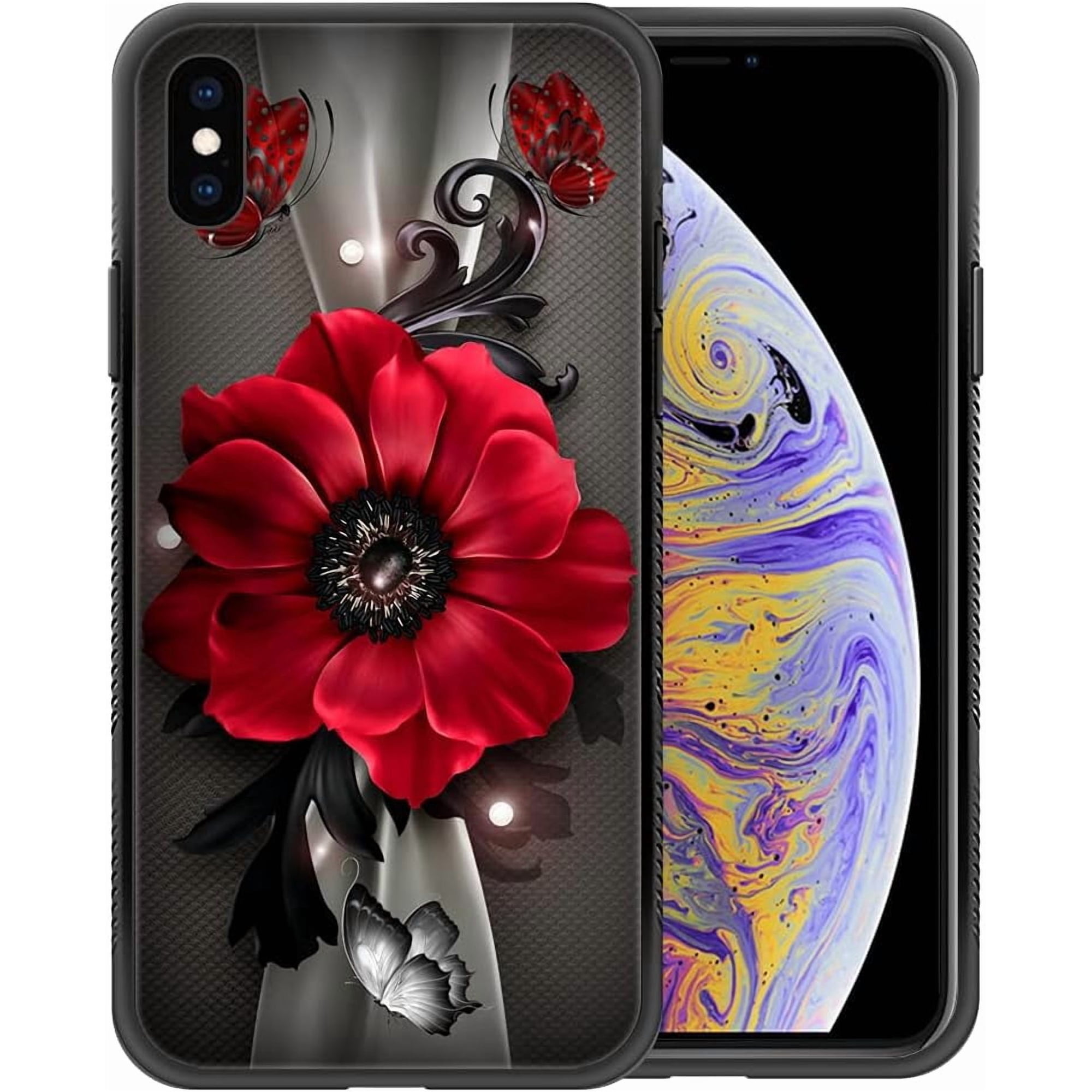 Compatible with iPhone XR Case,Pattern Design Hard PC Back Cover Non-Slip Soft TPU Protective Case for iPhone XR for Women 6.1inch-Red Flowers Butterflies