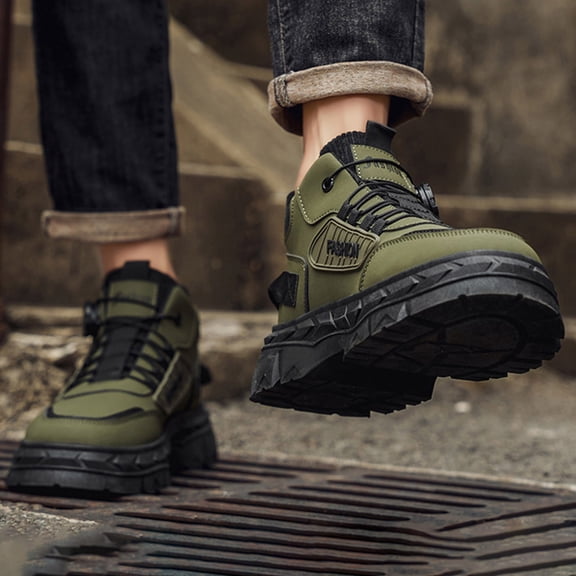 Mens Ankle Boots Lace‑Up Round Toe Soft‑Sole Comfort Short Boots with Rotating Shoelace Buckle Padded Inner Lining for Commute Hiking Daily Outdoor Casual Wear