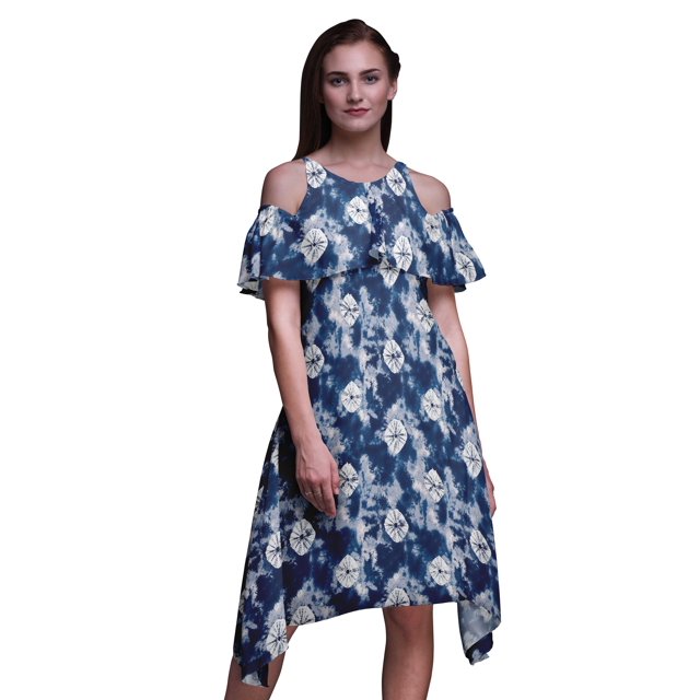 Bimba Tunique à Épaules Dénudées Imprimée Teinture sur Nœuds Bleue pour Femmes Robe de Soirée Col Rond - Petite
