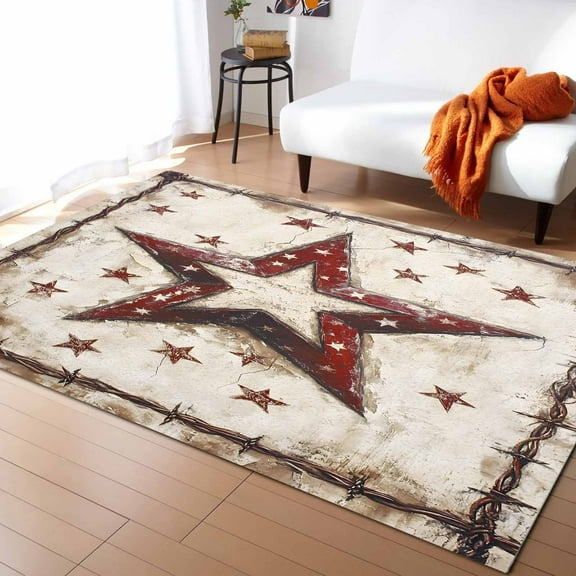 Area Rugs Indoor Non-Slip Rectangle Rug 5x8 Ft Independence Day Country Retro Western Stars Rug Rubber Backing Floor Mats Non Shedding Home Decor Carpet for Entryway Living Room