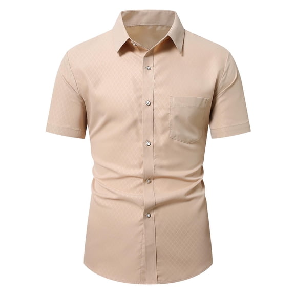 Jessboyy Men's Dress Shirts Short Sleeve Button up Work Shirt with Pockets Dressy Casual Wedding Party Button Down Shirt Semi Formal Dress Shirts Beige L
