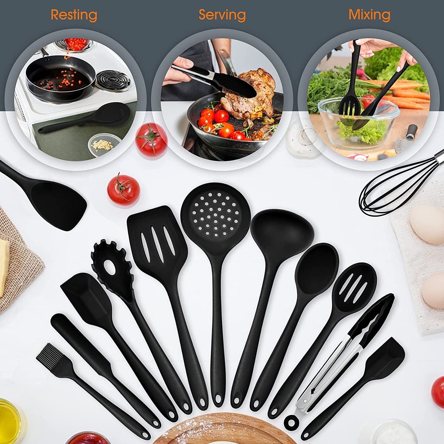 Vesteel 15 Piece Kitchen Utensils Set, Silicone Cooking Utensils with Holder, Non-Stick Cookware Friendly & Heat Resistant - Black
