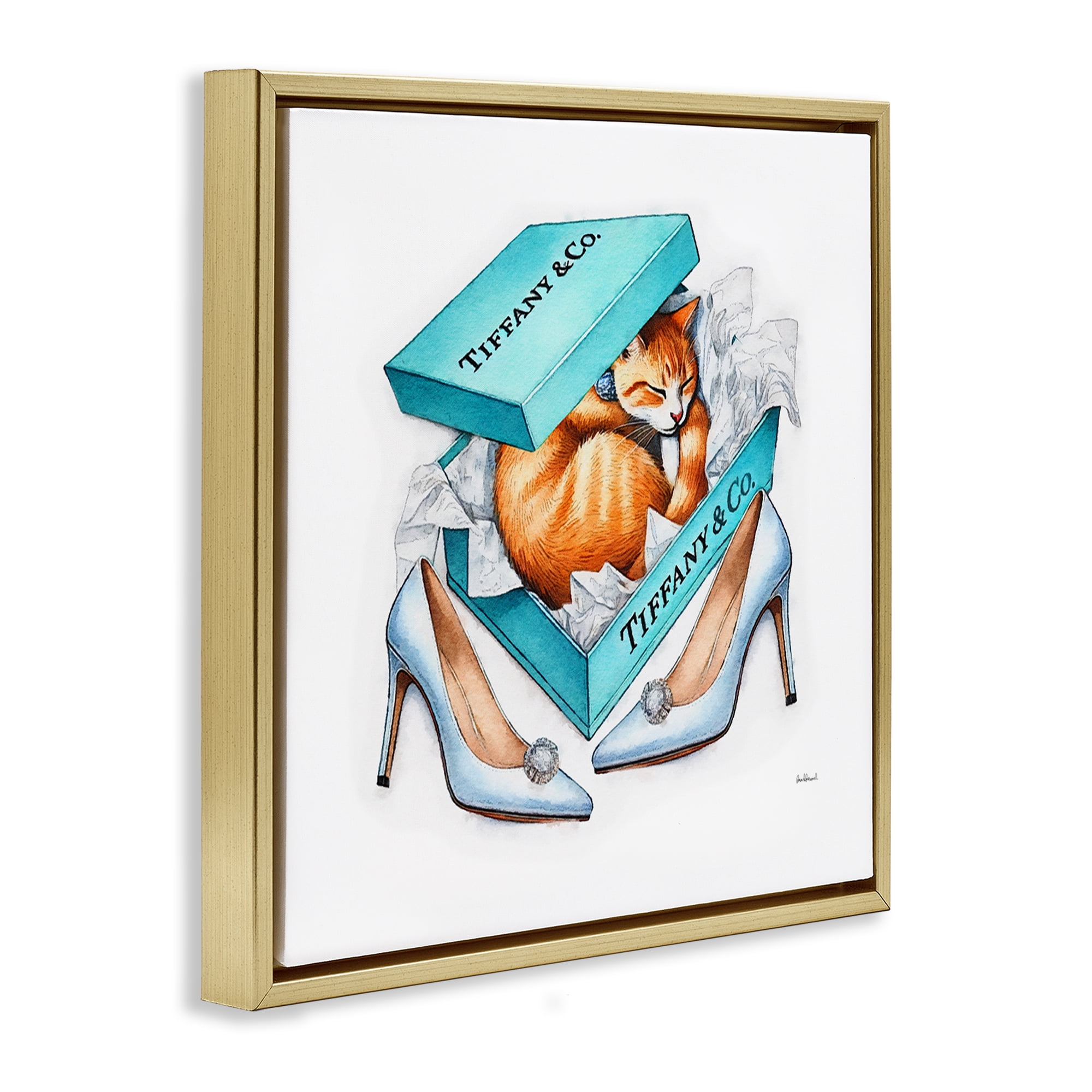 Stupell Industries Blue Shoebox with Cat Animals Painting Gold Floater Framed Canvas Art Print Wall Art, 18 x 18